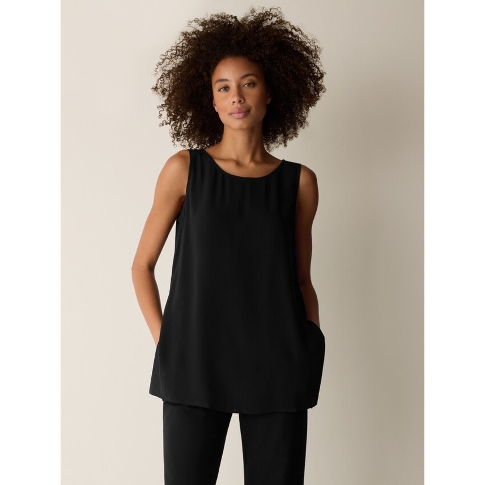 Eileen Fisher Womens Black 100% Silk Georgette Sleeveless Tunic Top‎ XXS EEGC